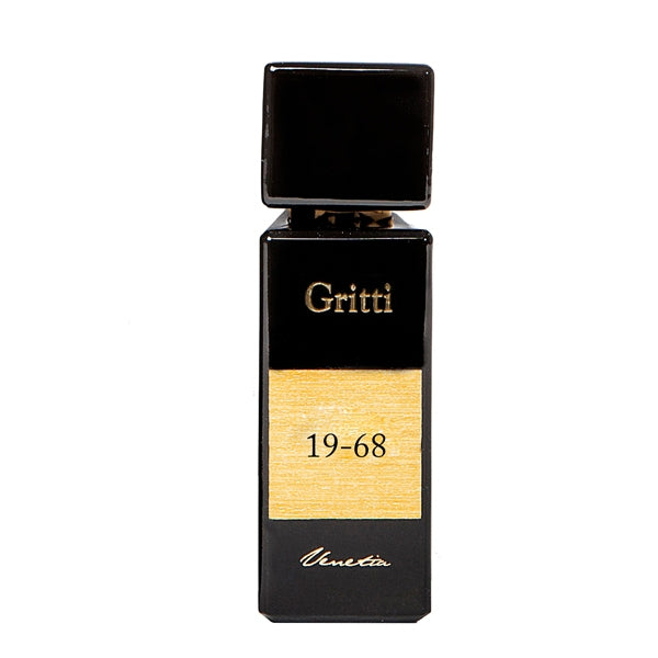 Gritti - Black Collection - 19-68 Parfumflakon in elegantem schwarzen Design mit goldenem Etikett vor weißem Hintergrund