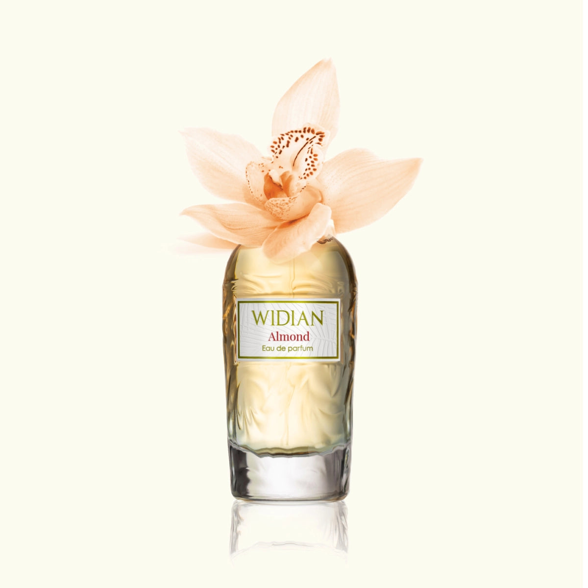 Widian - Rose Arabia Collection - Almond Parfumflakon mit dezentem Blumenmotiv und goldener Beschriftung auf hellem Hintergrund