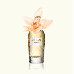 Widian - Rose Arabia Collection - Almond Parfumflakon mit dezentem Blumenmotiv und goldener Beschriftung auf hellem Hintergrund