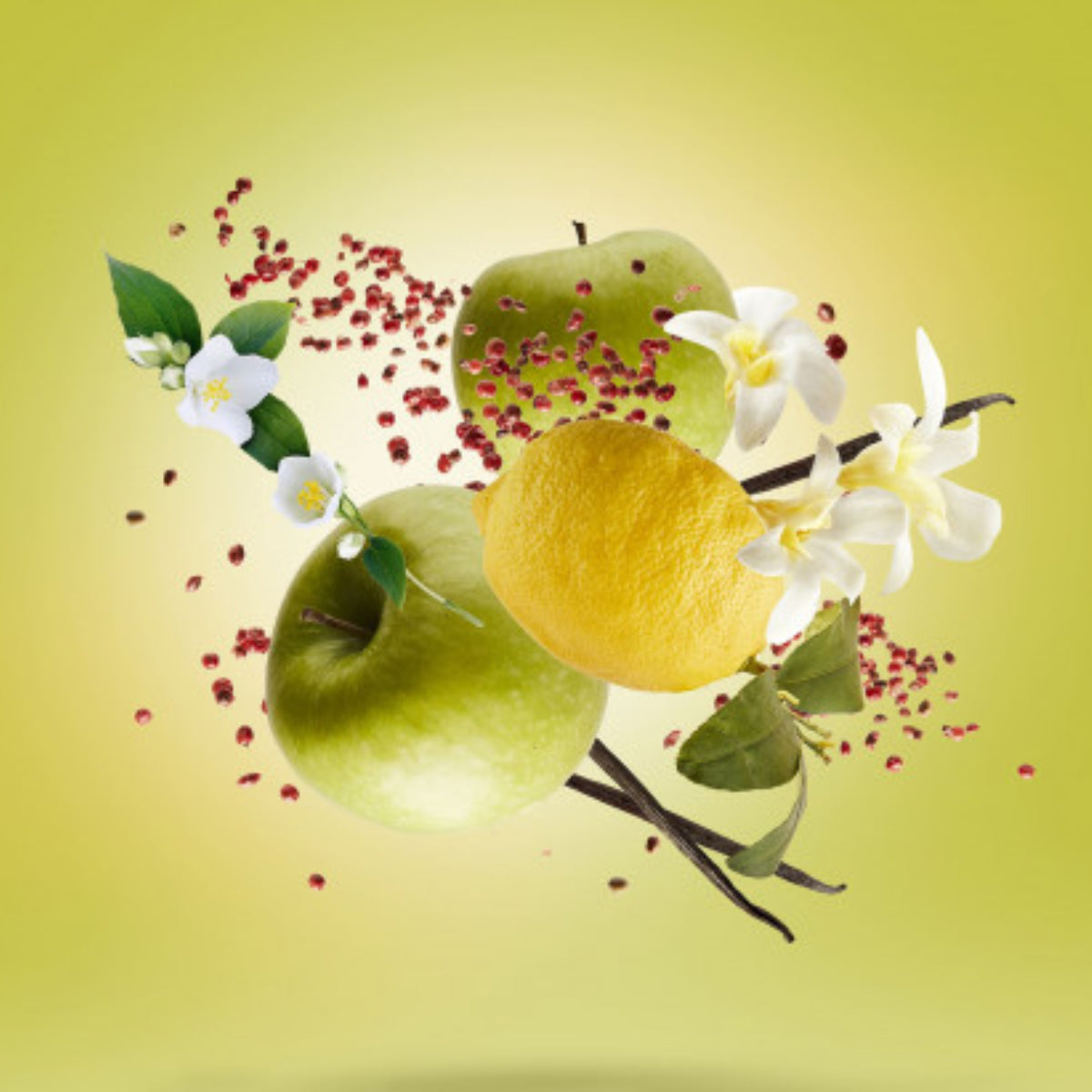 Xerjoff - V - Amabile Duftnoten mit grünen Äpfeln, Zitrone, weißen Blüten und roten Beeren vor gelbem Hintergrund