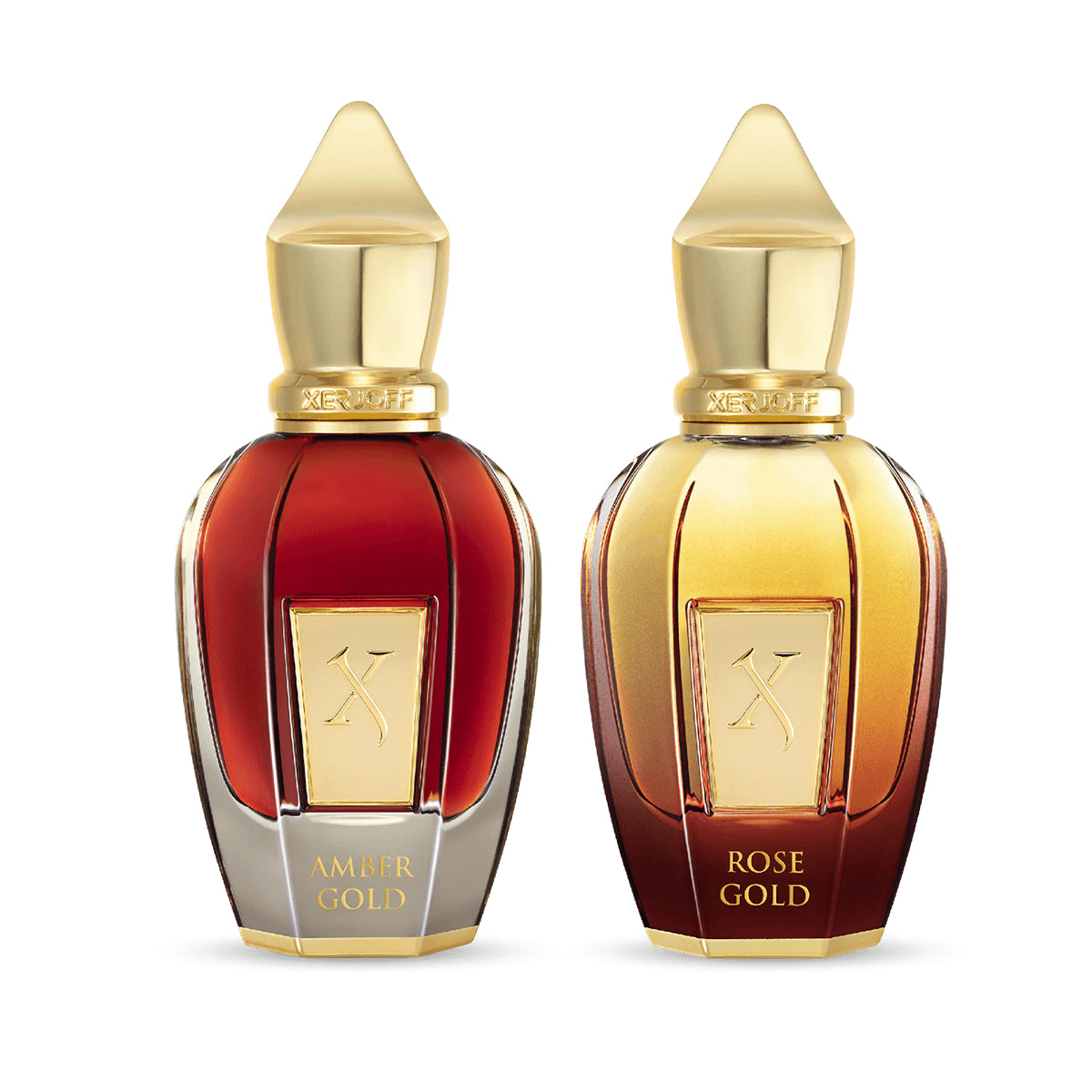 Xerjoff - Shooting Stars - Amber Gold & Rose Gold markante Flakons in rotgold und goldrot mit edlen goldenen Kappen vor weißem Hintergrund
