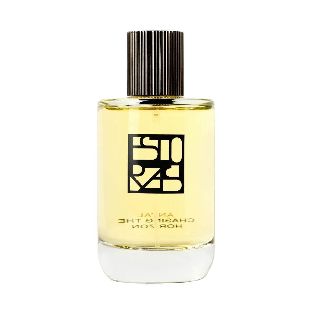 Estoras - Antal Parfumflakon mit minimalistischer Schrift auf klarem Glas und schwarzem Rillenverschluss vor weißem Hintergrund