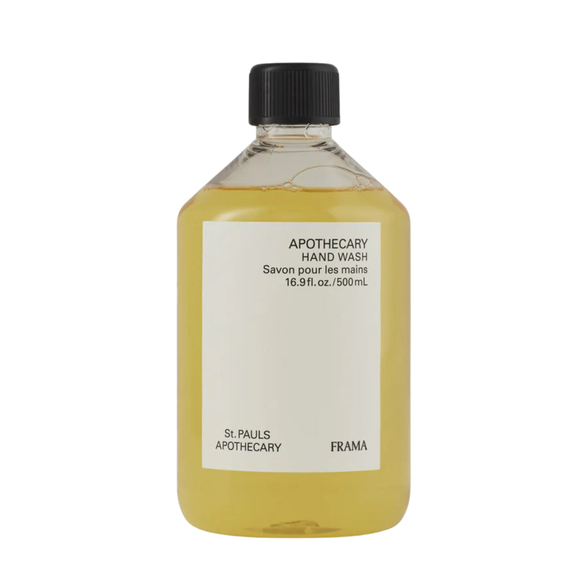FRAMA - Apothecary - Hand Wash milde Flüssigseife in klarer Flasche mit schlichtem weißen Etikett vor weißem Hintergrund