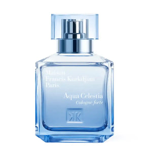 Maison Francis Kurkdjian Paris - Aqua Celestia Cologne Forte klarer blauer Glasflakon mit silbernem Sprühkopf vor weißem Hintergrund