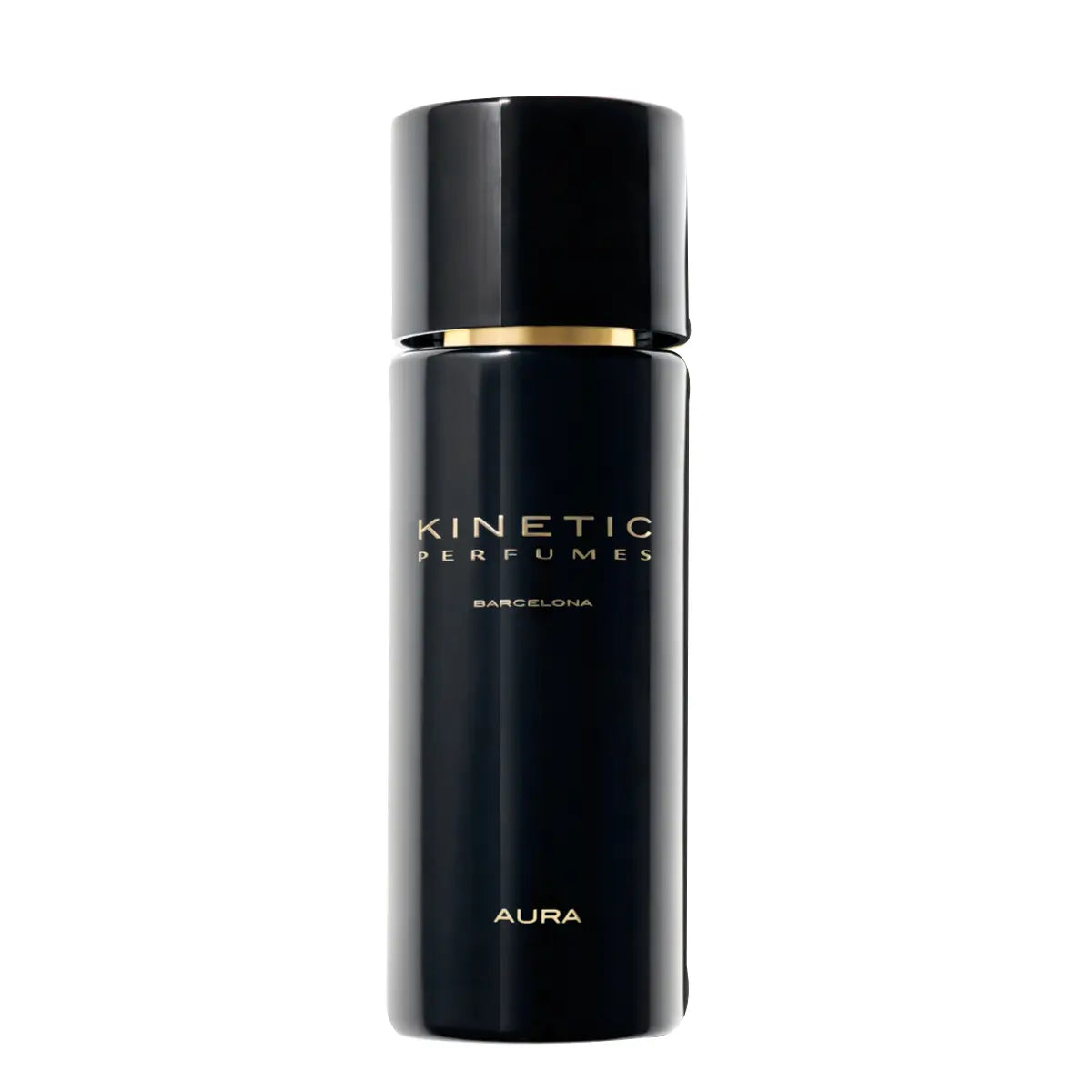 Kinetic Perfumes - Aura schwarzer eleganter Duftflakon mit goldener Schrift vor weißem Hintergrund minimalistisch gestaltet