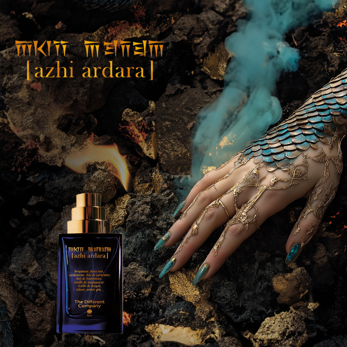 The Different Company - Azhi Ardara Parfumflakon vor rauchigem Hintergrund mit verzierter Hand und goldenen Details