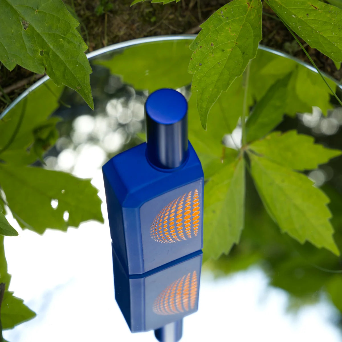 Histoires de Parfums - This is not a Blue Bottle 1.6 blauer Flakon mit orangefarbenem Punktmuster auf Spiegel im Grünen