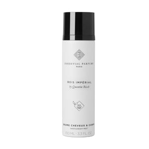 Essential Parfums - Bois Impérial - Hair & Body Mist weiße Flasche mit schwarzem Deckel vor weißem Hintergrund