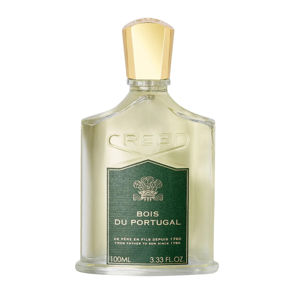 Creed - Bois du Portugal Parfumflakon mit grünem Label und goldfarbenem Verschluss vor weißem Hintergrund