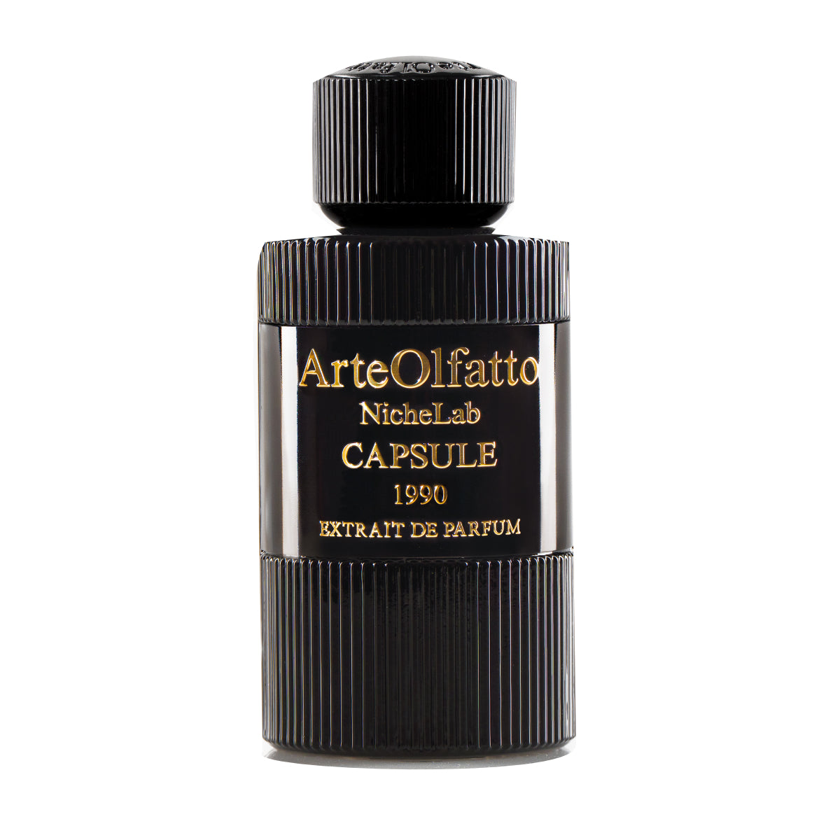 ArteOlfatto - Capsule 1990 Parfumflakon in tiefschwarzem geriffeltem Design mit goldener Eleganz und moderner Anmutung