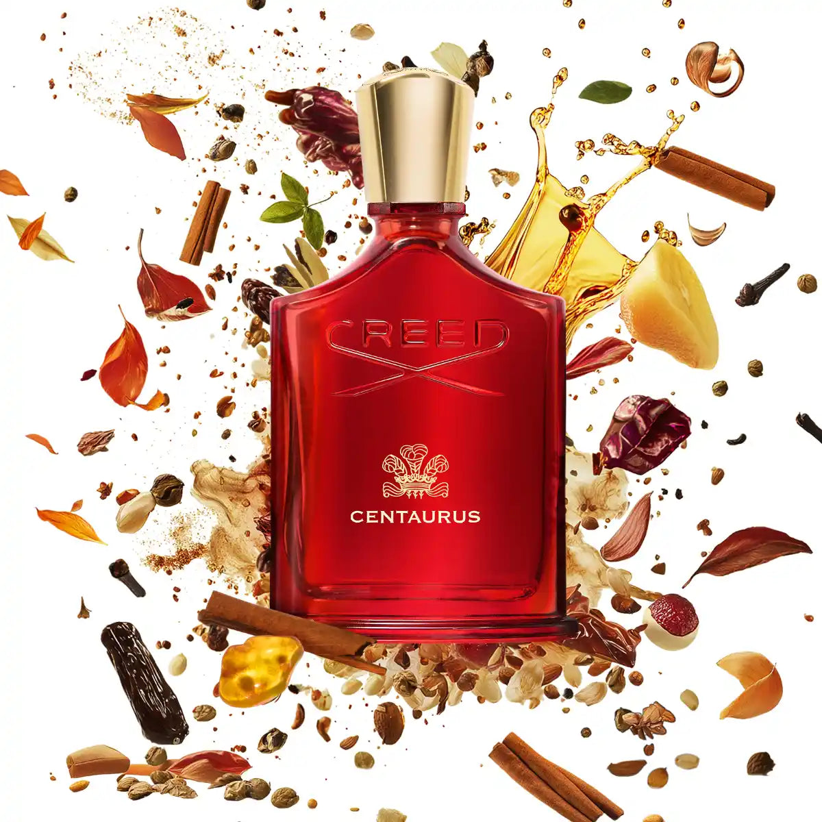 Creed - Centaurus Parfümflakon in tiefrotem Glas mit goldfarbenem Verschluss und würzigem Aromahintergrund