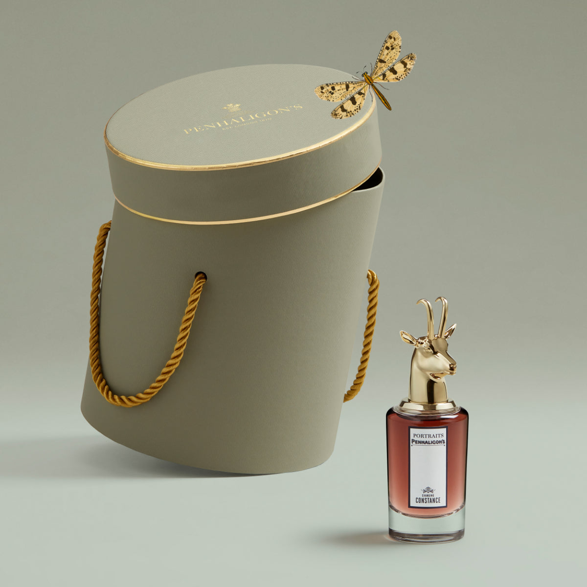 Penhaligon's - Portraits - Changing Constance Flakon mit goldenem Hirschkopf und eleganter Verpackung mit Schmetterling
