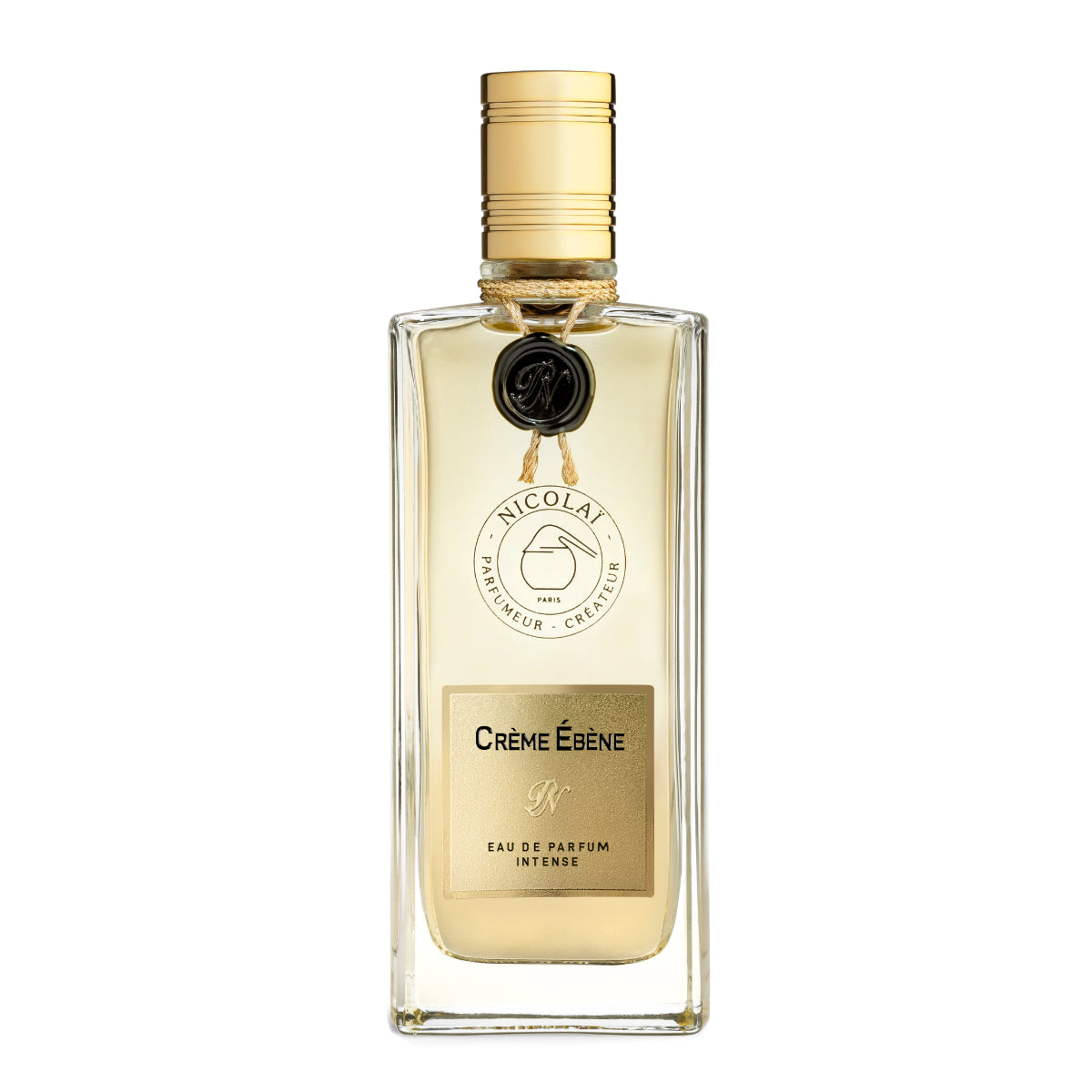 Nicolaï - Crème Ébène Intense edler Parfumflakon mit goldener Etikette und schwarzem Siegel vor weißem Hintergrund