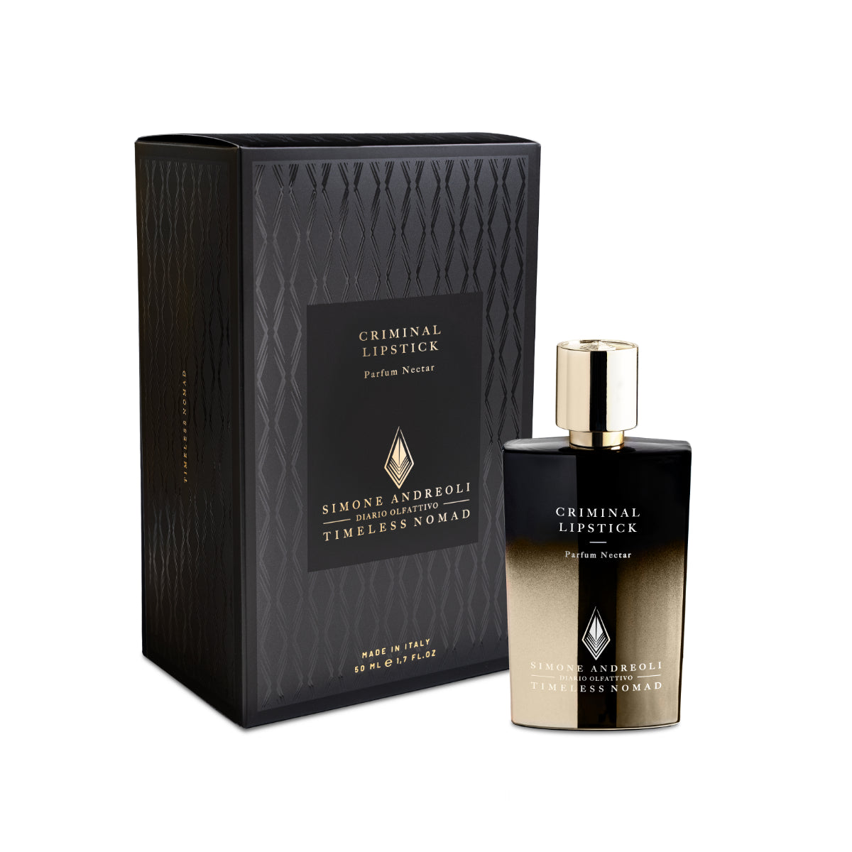 Simone Andreoli - Criminal Lipstick Parfumflakon mit gold-schwarzem Design neben eleganter schwarzer Verpackung