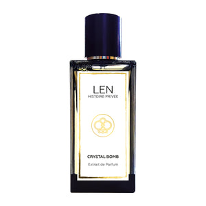 LEN - Histoire Privée - Crystal Bomb Parfumflakon mit schlichtem Design und goldfarbenem Rahmen auf weißem Hintergrund