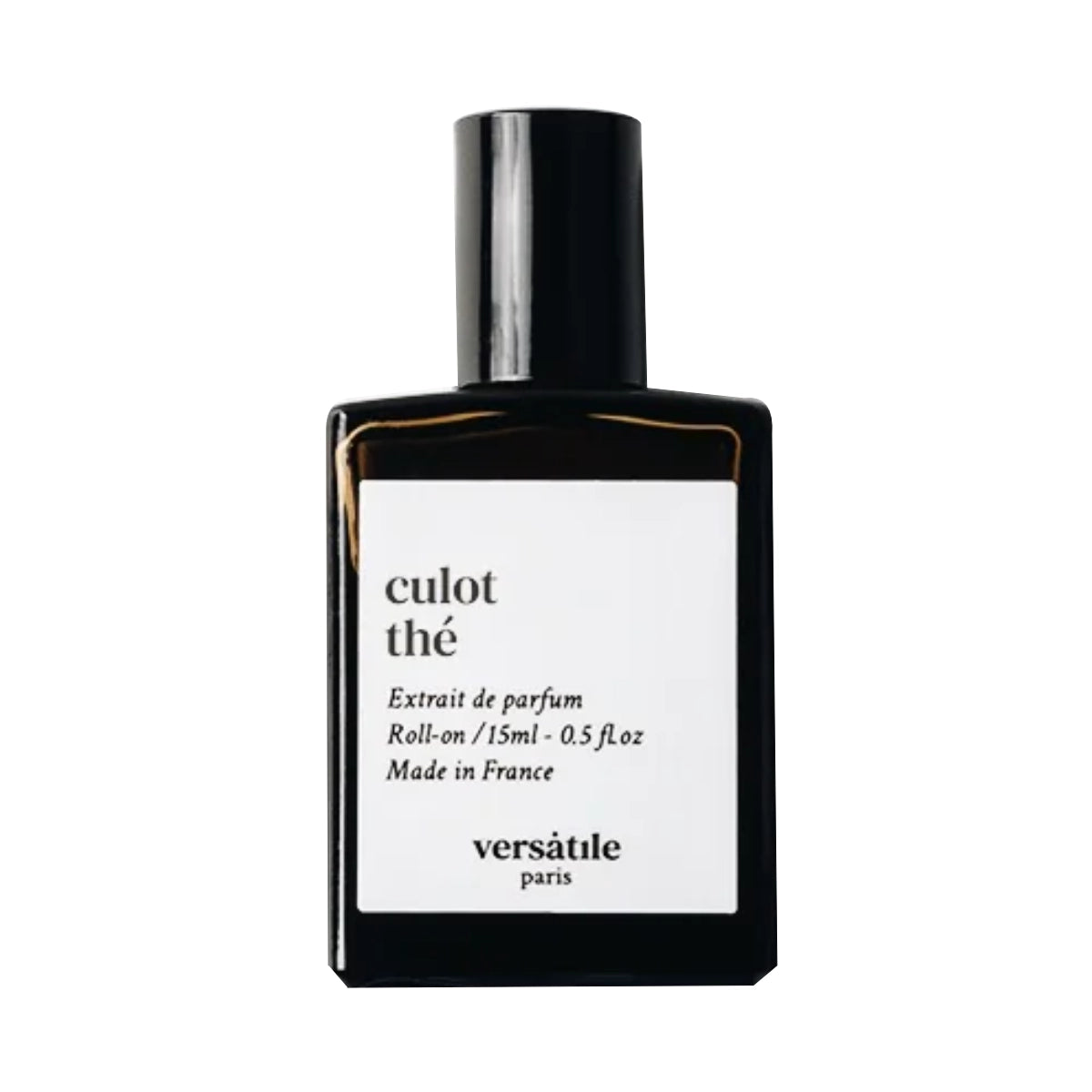 Versatile - Culot Thé Roll-on Flakon in elegantem Schwarz mit weißem Etikett auf weißem Hintergrund