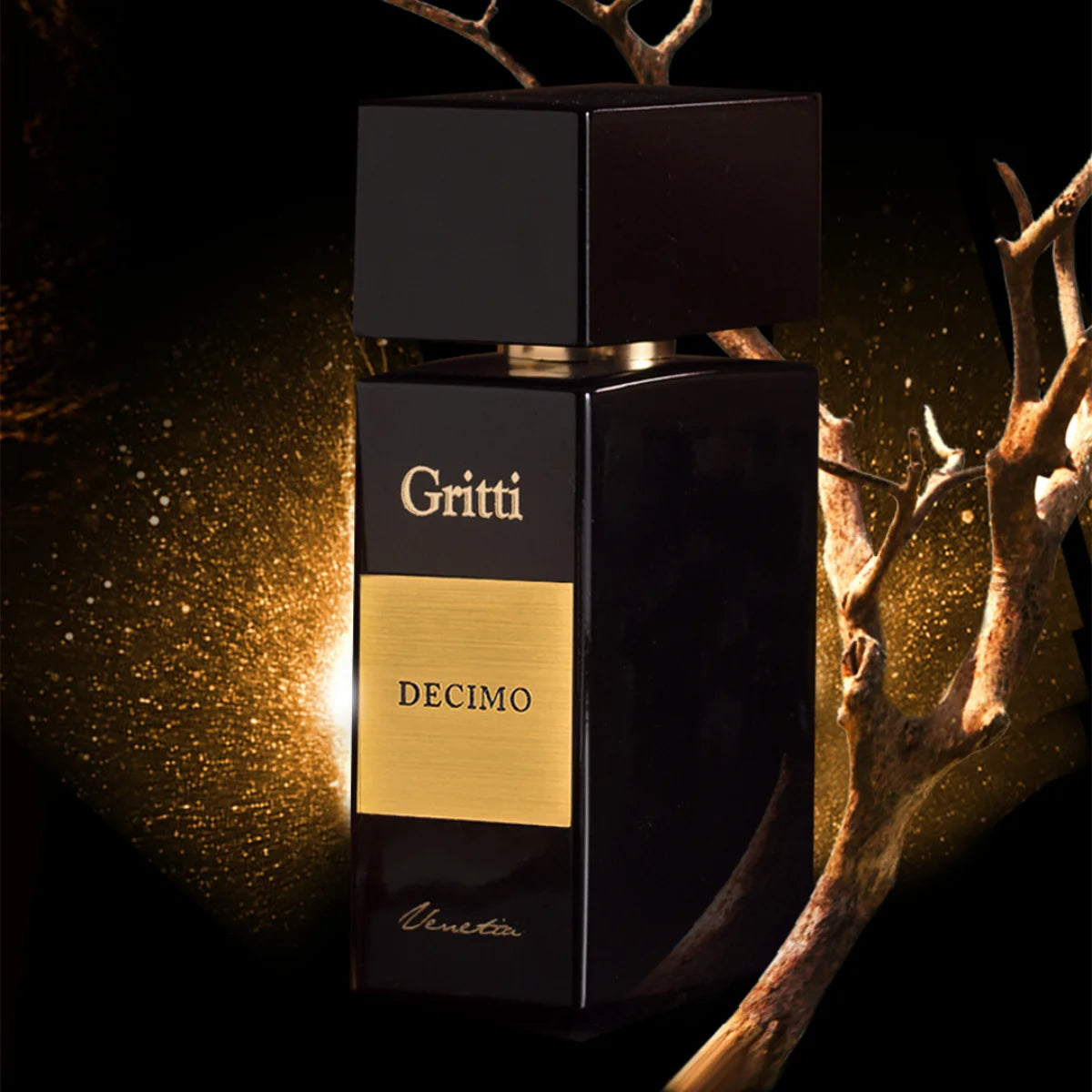 Gritti - Black Collection - Decimo Flakon in elegantem Schwarz mit goldenem Etikett vor mystischem dunklem Hintergrund