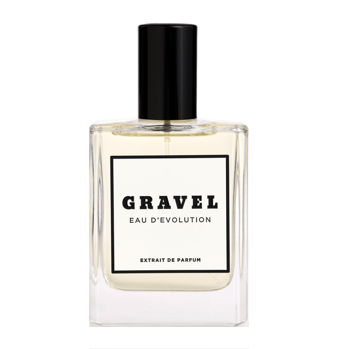 Gravel - Eau D'Evolution Parfumflakon mit klarem Glas und schwarzem Verschluss vor weißem Hintergrund