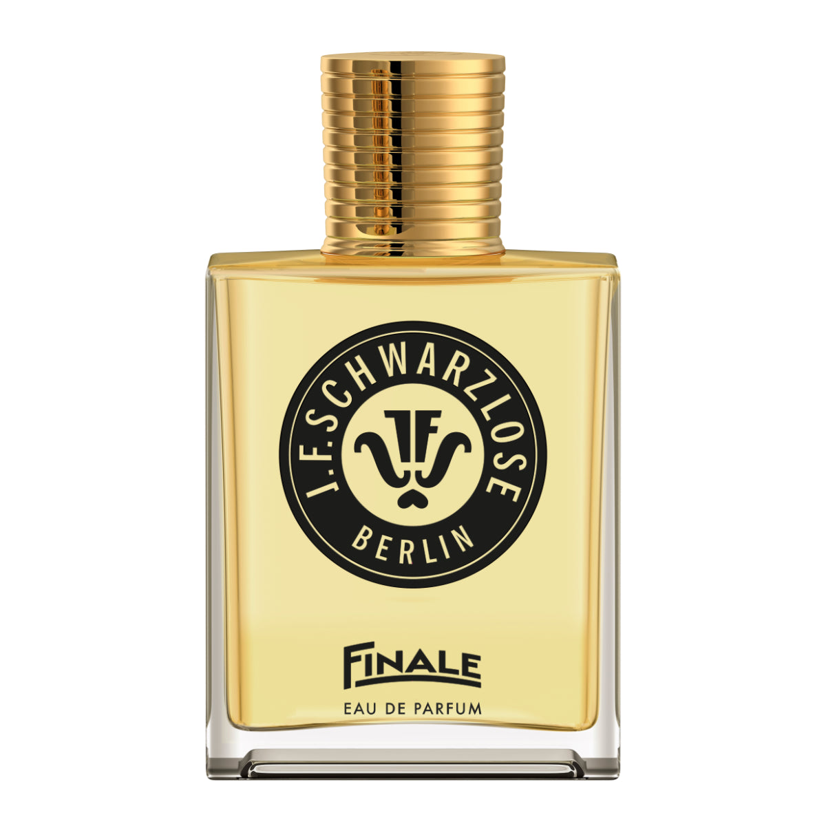 J.F. Schwarzlose Berlin - Finale Parfumflakon mit goldenem Verschluss und klassischem Logo auf weißem Hintergrund