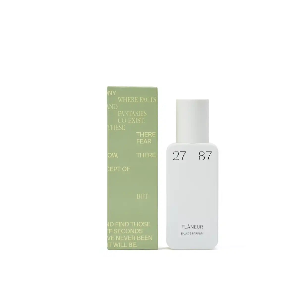 27 87 Perfumes - flâneur Parfumflakon in schlichtem Weiß neben pastellgrünem Karton mit Textgestaltung