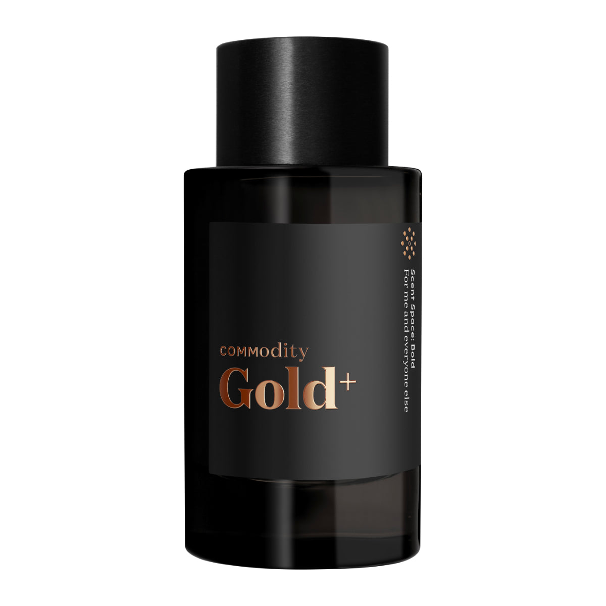 Commodity - Gold+ Duftflakon in schwarzem Design mit goldenem Schriftzug vor weißem Hintergrund