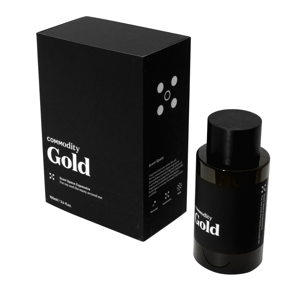 Commodity - Gold Parfumflakon mit schwarzem Design und passender schwarzer Verpackung vor weißem Hintergrund dargestellt
