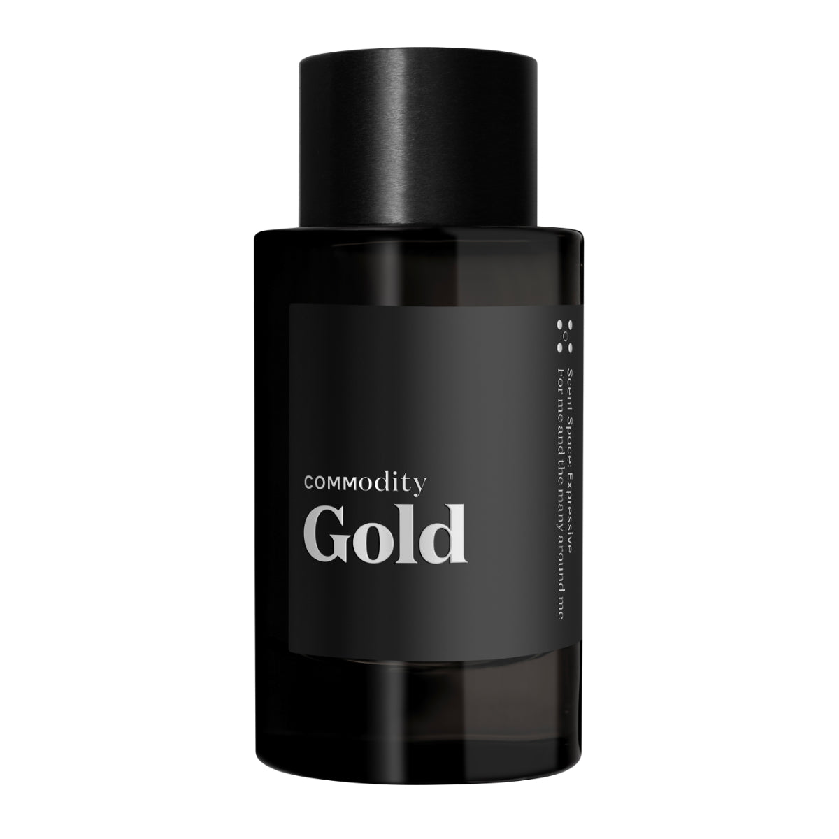 Commodity - Gold Parfumflakon in elegantem schwarzem Design mit schlichtem Etikett vor weißem Hintergrund
