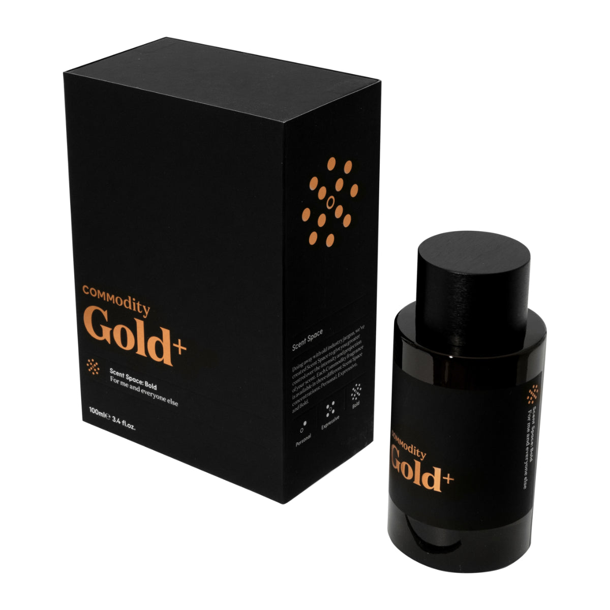 Commodity - Gold+ Parfumflakon und Verpackung in elegantem schwarzen Design mit goldfarbenem Schriftzug auf weißem Hintergrund