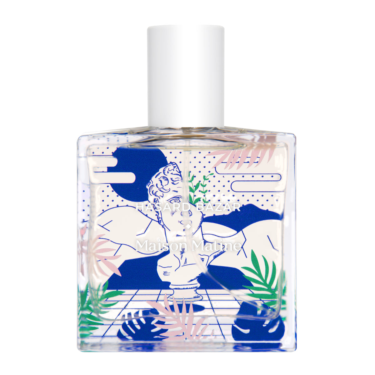 Maison Matine - Hasard Bazar Parfumflakon mit grafischem Design und mediterranen Pflanzen auf klarem Glas und weißem Deckel