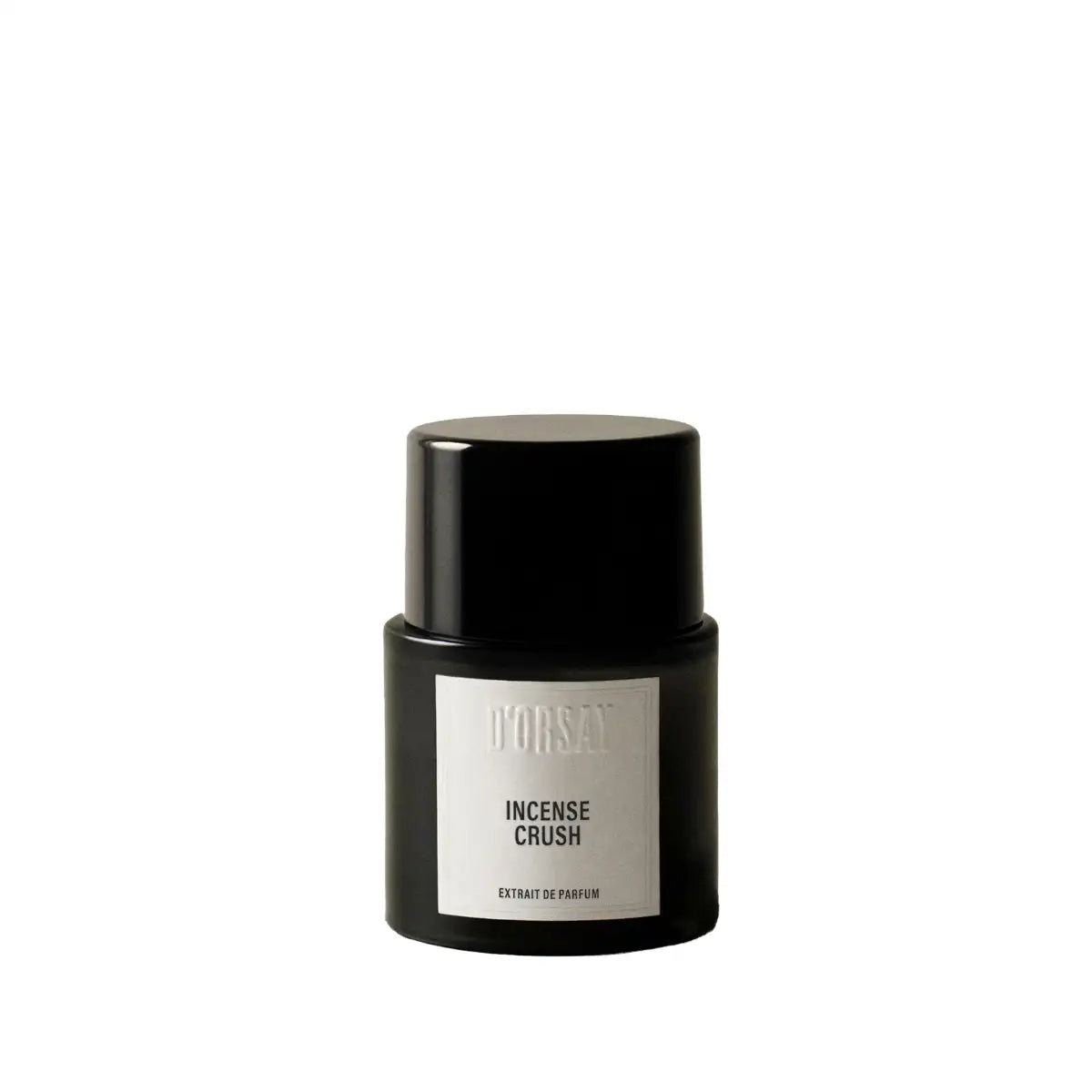 D'Orsay - Incense Crush Parfumflakon in schlichtem schwarzem Design mit weißem Etikett vor weißem Hintergrund