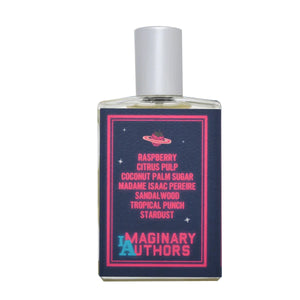 Imaginary Authors - In Love with Everything Flakon mit blauem Etikett und pinker Schrift auf weißem Hintergrund