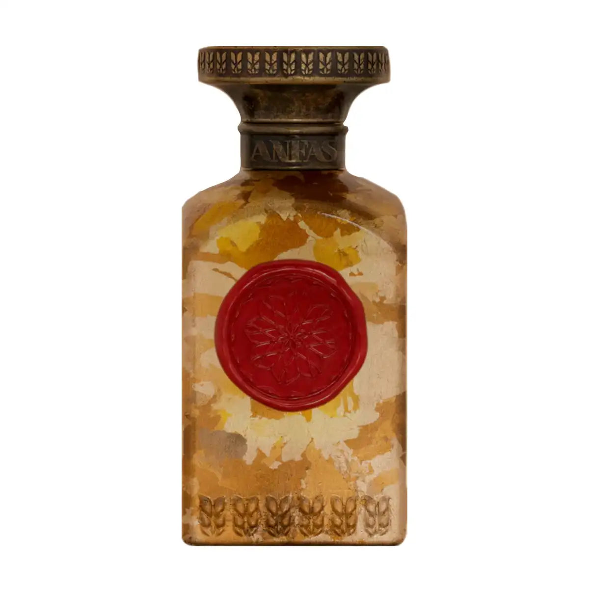 Anfas - Fosol Collection - Ishq Flakon mit rotem Siegel auf vintagefarbener, marmorierter Oberfläche und bronzefarbenem Verschluss