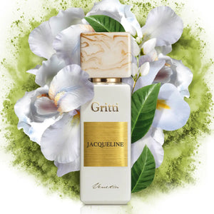 Gritti - White Collection - Jacqueline eleganter Flakon mit goldfarbenem Etikett umgeben von weißen Blüten und grünen Blättern