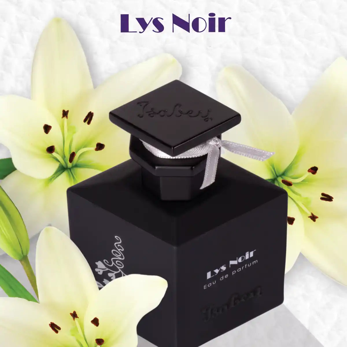 Isabey - Lys Noir Parfumflakon in schwarzem quadratischem Design umgeben von weißen Lilienblüten