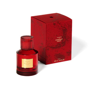 Trudon - Nuit Rouge - Midnight Omen Parfumflakon in tiefrotem Glas mit goldfarbener Plakette und passender roter Verpackung