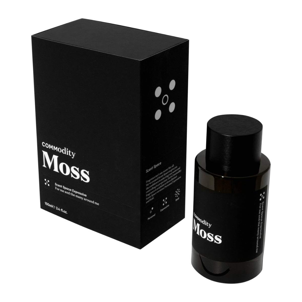 Commodity - Moss Parfumflakon mit schwarzer Verpackung in schlichtem, modernem Design auf weißem Hintergrund präsentiert