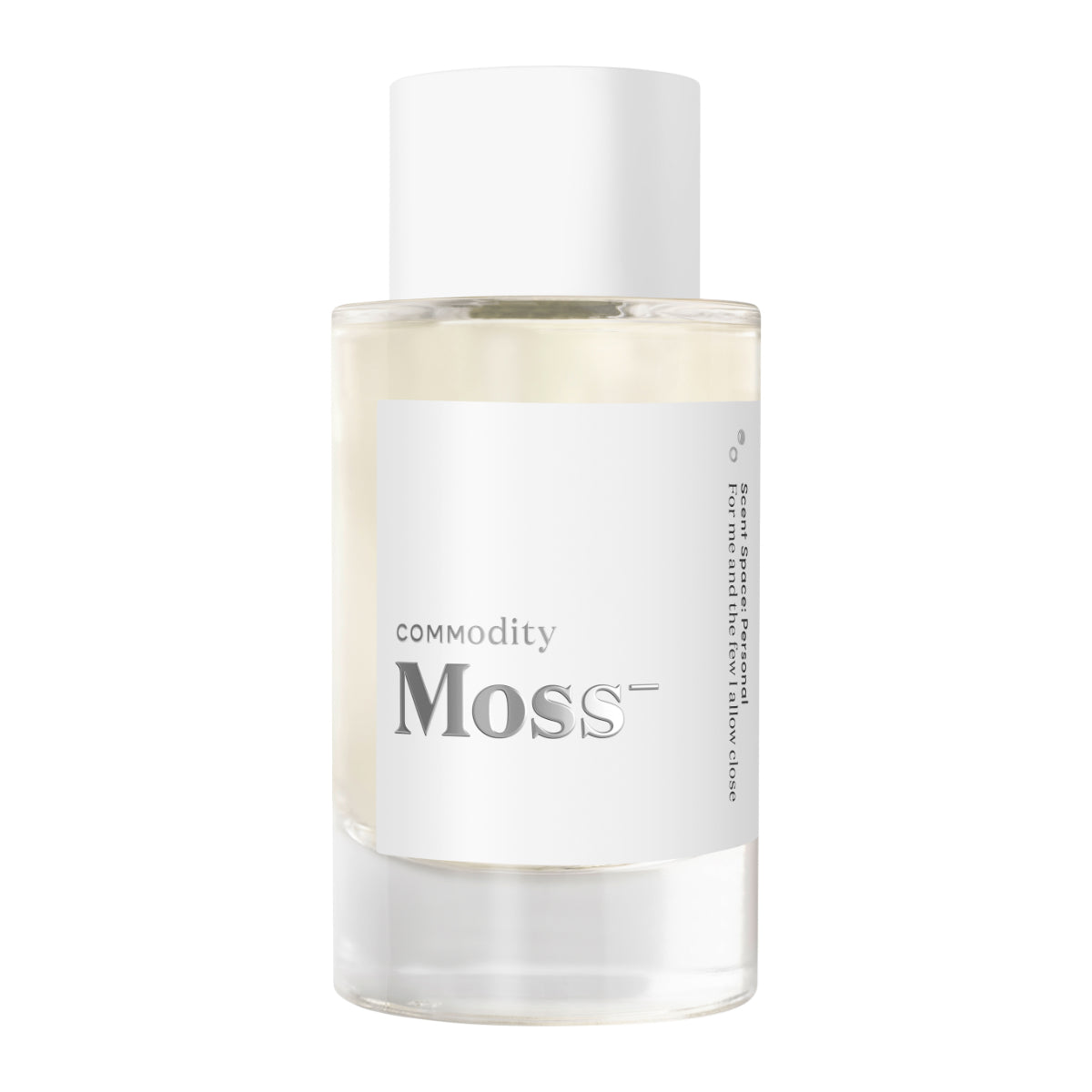 Commodity - Moss- Parfumflakon mit klarem, minimalistischem Etikett und dezentem Design vor weißem Hintergrund