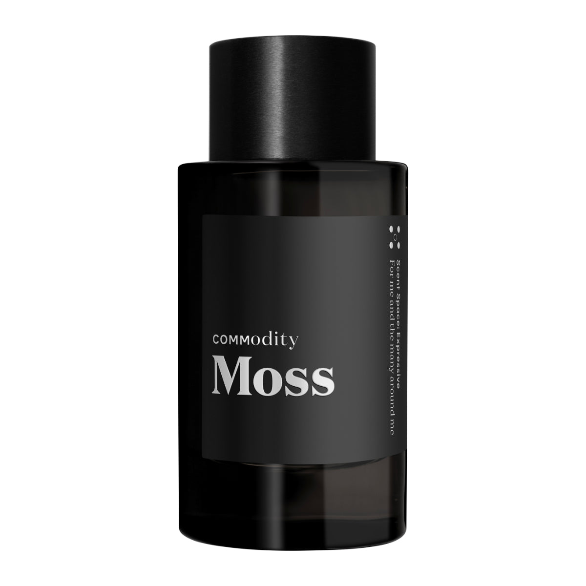 Commodity - Moss Parfumflakon in schwarzem, minimalistischen Design auf weißem Hintergrund inszeniert