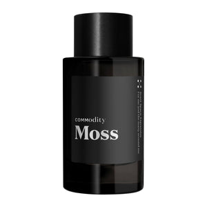 Commodity - Moss Parfumflakon in schwarzem, minimalistischen Design auf weißem Hintergrund inszeniert