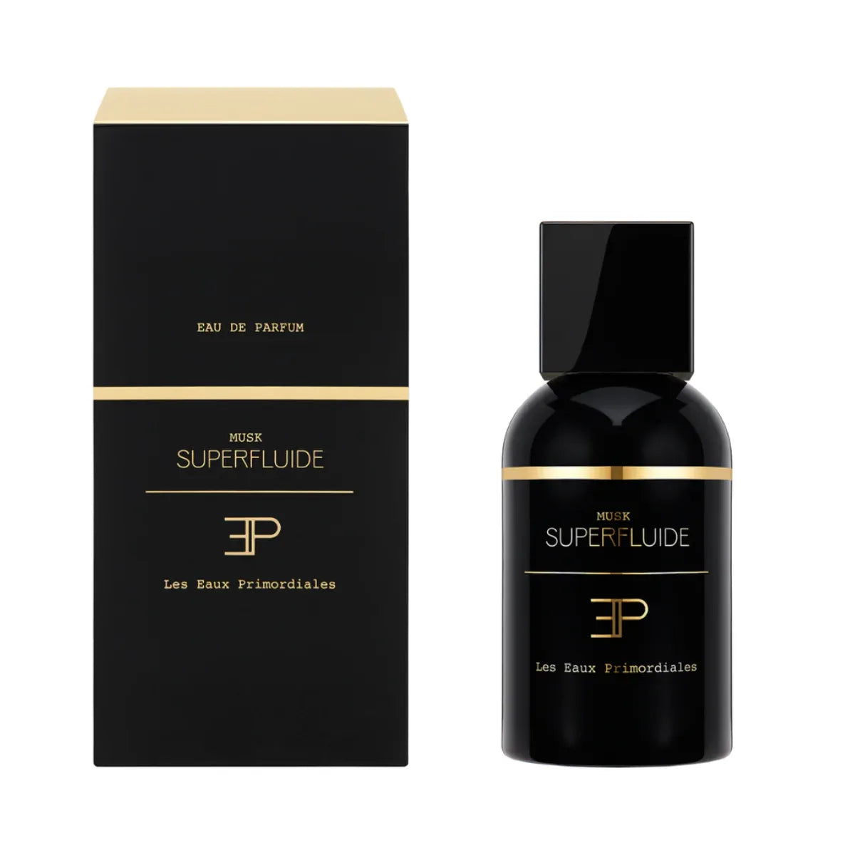 Les Eaux Primordiales - Musk Superfluide zeigt schwarzen Flakon mit goldfarbenen Details und passender Verpackung vor weißem Hintergrund