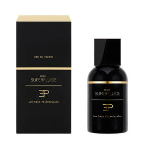 Les Eaux Primordiales - Musk Superfluide zeigt schwarzen Flakon mit goldfarbenen Details und passender Verpackung vor weißem Hintergrund