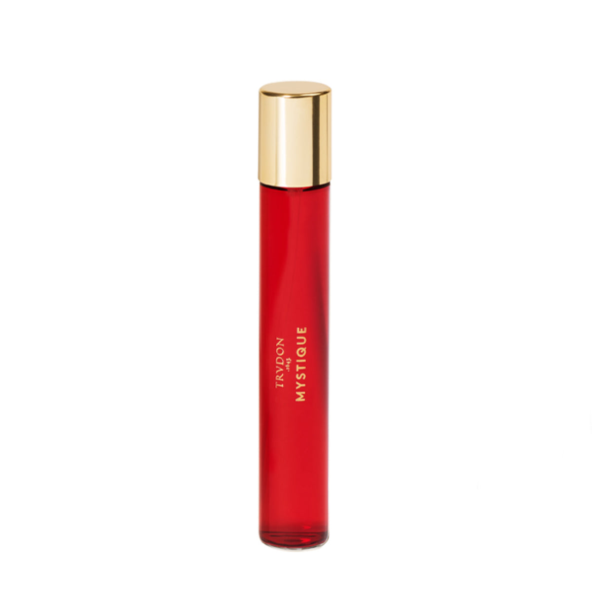 Trudon - Nuit Rouge - Mystique schlanker roter Reisezerstäuber mit goldfarbenem Deckel vor weißem Hintergrund