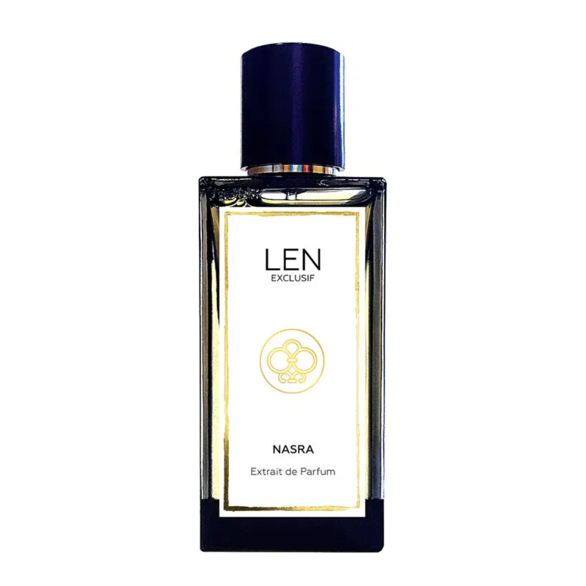 LEN - Nasra Parfumflakon mit klarer Glasoptik, goldener Einfassung und edlem, dunklem Verschlussdesign