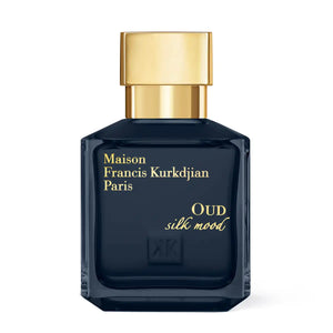Maison Francis Kurkdjian Paris - Silk Mood - Eau de Parfum Flakon in tiefblau mit goldenem Verschluss auf weißem Hintergrund
