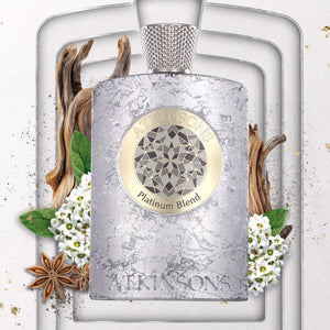 Atkinsons 1799 - Platinum Blend Parfumflakon in silberner Optik mit filigranem Ornament und goldfarbenem Emblem