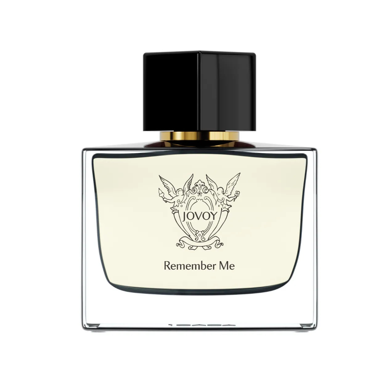 Jovoy - Remember Me Parfumflakon mit klarer Glasflasche, schwarzem Verschluss und filigranem Emblem vor weißem Hintergrund