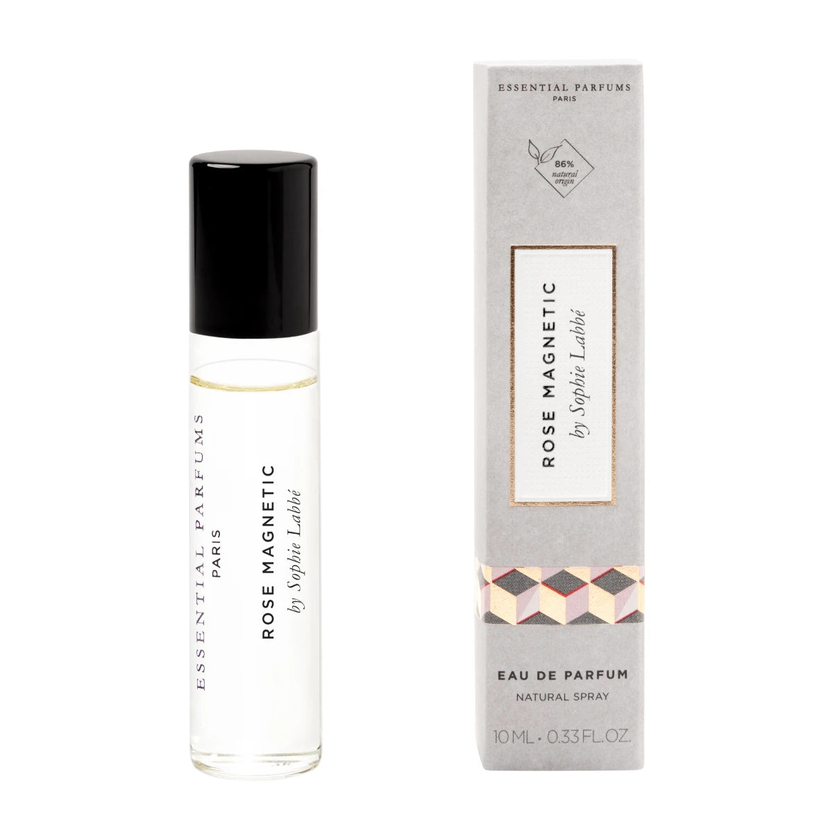Essential Parfums - Rose Magnetic kleine Parfumflasche mit schwarzem Deckel neben heller Verpackung vor weißem Hintergrund