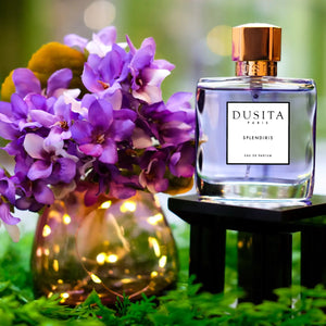 Dusita - Splendiris Parfumflakon mit zartviolettem Inhalt und goldfarbenem Verschluss neben violetten Blüten in stilvollem Ambiente