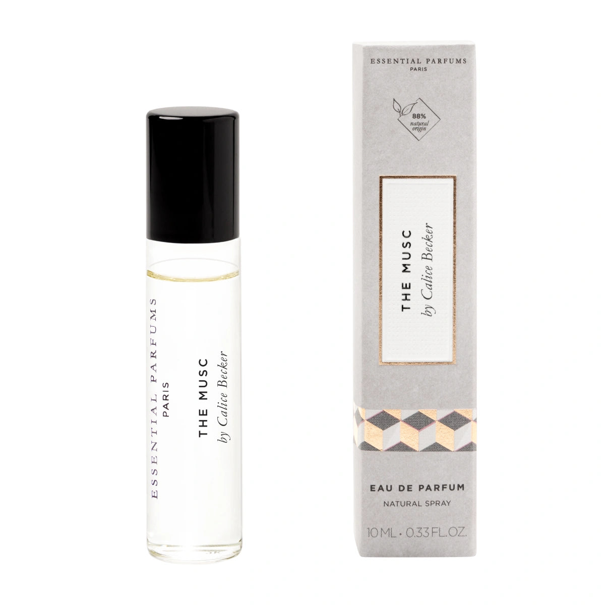 Essential Parfums - The Musc Roll-On Flakon mit schwarzem Deckel und minimalistischer grauer Kartonverpackung