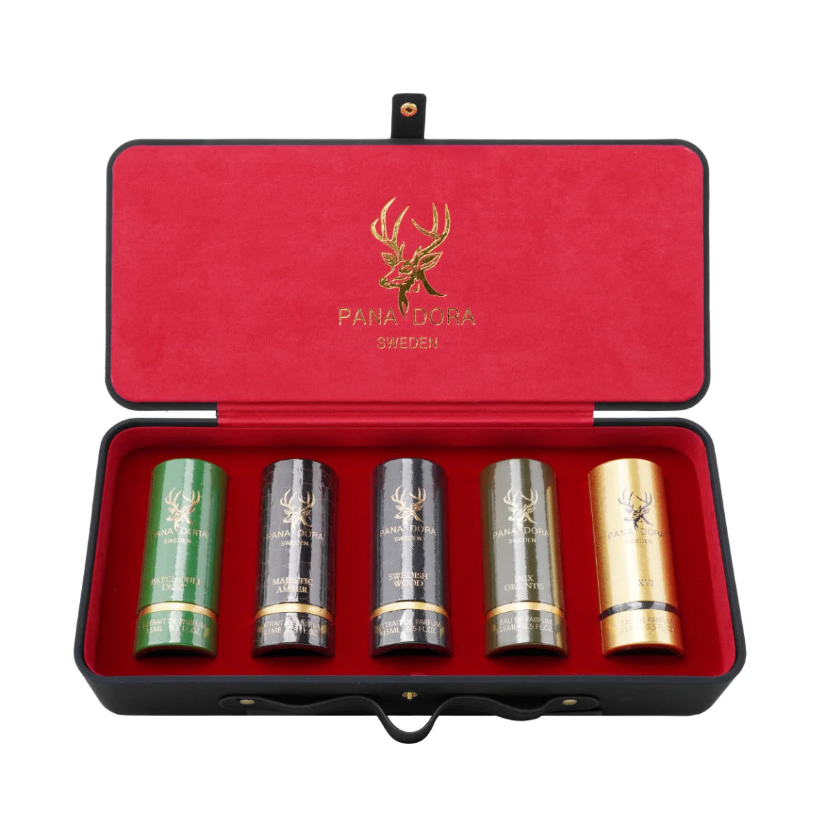 Pana Dora Sweden - Travel Set - Black mit fünf edlen Parfum-Flakons harmonisch im schwarzen Etui arrangiert